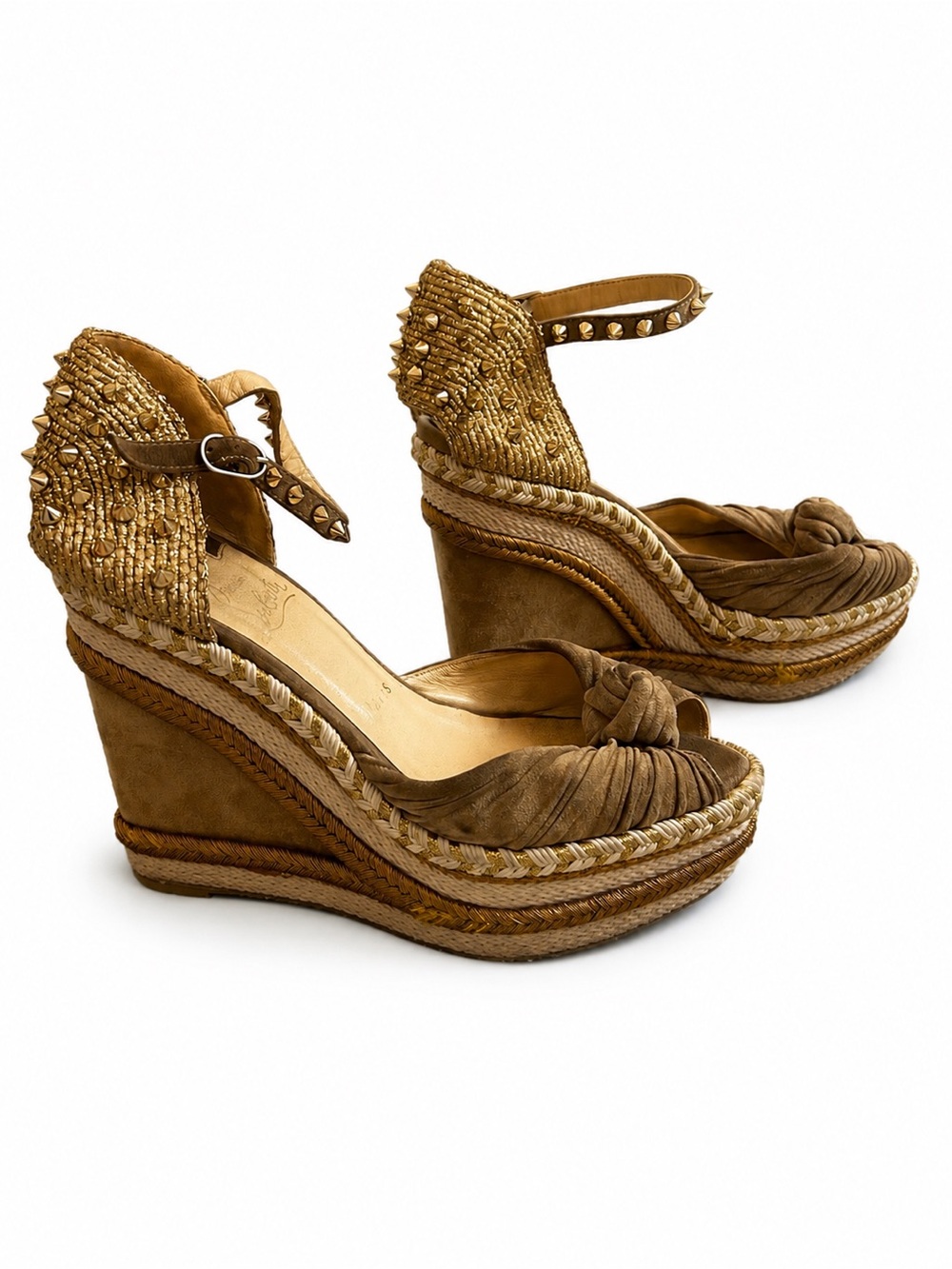 Christian Louboutin Paris Studded Espadrille Platform Wedge Sandals Taupe Suede